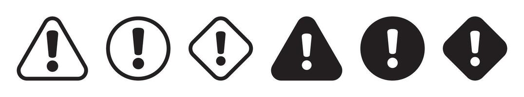 Alert icon. Warning sign and symbol. Exclamation mark in triangle, circle and rombus. vector