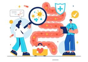 Vector Illustration of a Proctologist or Colonoscopy with a Doctor Examining the Colon and Showing Harmful Bacteria in a Flat Style Cartoon Background