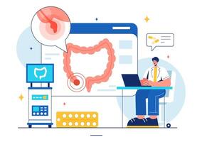 Vector Illustration of a Proctologist or Colonoscopy with a Doctor Examining the Colon and Showing Harmful Bacteria in a Flat Style Cartoon Background