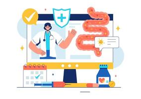 Vector Illustration of a Proctologist or Colonoscopy with a Doctor Examining the Colon and Showing Harmful Bacteria in a Flat Style Cartoon Background