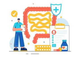 Vector Illustration of a Proctologist or Colonoscopy with a Doctor Examining the Colon and Showing Harmful Bacteria in a Flat Style Cartoon Background