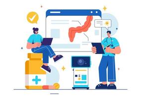 Vector Illustration of a Proctologist or Colonoscopy with a Doctor Examining the Colon and Showing Harmful Bacteria in a Flat Style Cartoon Background
