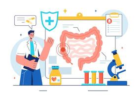Vector Illustration of a Proctologist or Colonoscopy with a Doctor Examining the Colon and Showing Harmful Bacteria in a Flat Style Cartoon Background