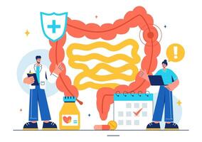 Vector Illustration of a Proctologist or Colonoscopy with a Doctor Examining the Colon and Showing Harmful Bacteria in a Flat Style Cartoon Background