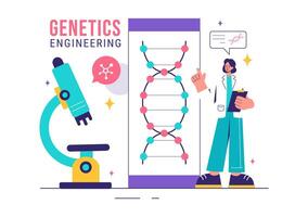 Vector Illustration of Genetic Engineering and DNA Modifications with Genetics Research or Experiment Scientists in a Flat Cartoon Style Background
