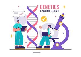 Vector Illustration of Genetic Engineering and DNA Modifications with Genetics Research or Experiment Scientists in a Flat Cartoon Style Background