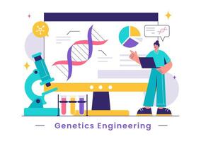 Vector Illustration of Genetic Engineering and DNA Modifications with Genetics Research or Experiment Scientists in a Flat Cartoon Style Background