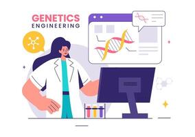 Vector Illustration of Genetic Engineering and DNA Modifications with Genetics Research or Experiment Scientists in a Flat Cartoon Style Background