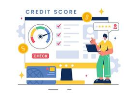 Credit Score Vector Illustration with Loan Arrow Gauge Speedometer Indicator Showing Ratings from Poor to Good in a Flat Cartoon Style Background