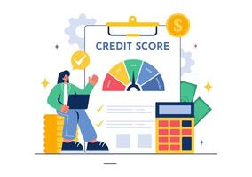 Credit Score Vector Illustration with Loan Arrow Gauge Speedometer Indicator Showing Ratings from Poor to Good in a Flat Cartoon Style Background