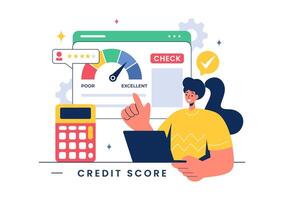 Credit Score Vector Illustration with Loan Arrow Gauge Speedometer Indicator Showing Ratings from Poor to Good in a Flat Cartoon Style Background