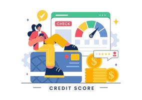 Credit Score Vector Illustration with Loan Arrow Gauge Speedometer Indicator Showing Ratings from Poor to Good in a Flat Cartoon Style Background
