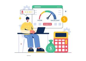 Credit Score Vector Illustration with Loan Arrow Gauge Speedometer Indicator Showing Ratings from Poor to Good in a Flat Cartoon Style Background