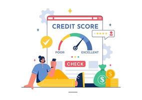 Credit Score Vector Illustration with Loan Arrow Gauge Speedometer Indicator Showing Ratings from Poor to Good in a Flat Cartoon Style Background