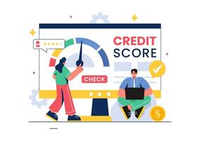 Credit Score Vector Illustration with Loan Arrow Gauge Speedometer Indicator Showing Ratings from Poor to Good in a Flat Cartoon Style Background