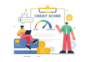 Credit Score Vector Illustration with Loan Arrow Gauge Speedometer Indicator Showing Ratings from Poor to Good in a Flat Cartoon Style Background