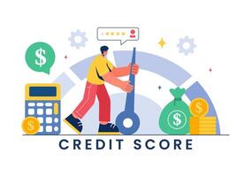 Credit Score Vector Illustration with Loan Arrow Gauge Speedometer Indicator Showing Ratings from Poor to Good in a Flat Cartoon Style Background