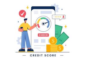 Credit Score Vector Illustration with Loan Arrow Gauge Speedometer Indicator Showing Ratings from Poor to Good in a Flat Cartoon Style Background