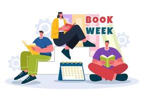 Book Week Events Vector Illustration with People Reading or Students Studying Textbooks in a Flat Style Cartoon Background