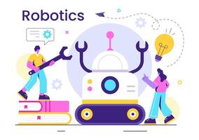 Robotics Vector Illustration of Artificial Intelligence Robots Communicating with Technology and Engineering, Featuring a Light Bulb and Gears
