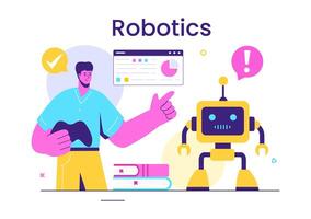 Robotics Vector Illustration of Artificial Intelligence Robots Communicating with Technology and Engineering, Featuring a Light Bulb and Gears