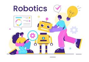 Robotics Vector Illustration of Artificial Intelligence Robots Communicating with Technology and Engineering, Featuring a Light Bulb and Gears