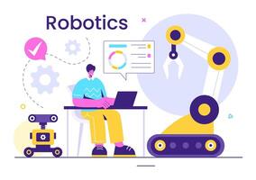 Robotics Vector Illustration of Artificial Intelligence Robots Communicating with Technology and Engineering, Featuring a Light Bulb and Gears