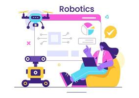 Robotics Vector Illustration of Artificial Intelligence Robots Communicating with Technology and Engineering, Featuring a Light Bulb and Gears