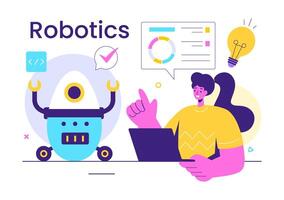 Robotics Vector Illustration of Artificial Intelligence Robots Communicating with Technology and Engineering, Featuring a Light Bulb and Gears