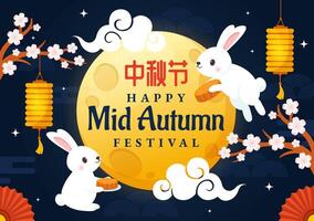 Happy Mid Autumn Festival Vector Illustration with Rabbits Carrying Lanterns and Mooncakes, Celebrating on the Night of the Full Moon in Background