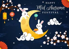Happy Mid Autumn Festival Vector Illustration with Rabbits Carrying Lanterns and Mooncakes, Celebrating on the Night of the Full Moon in Background