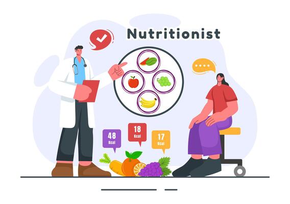 Vector Illustration of a Nutritionist Conducting a Nutritional Examination of Food, including Dietary Supplements, such as Fresh Fruits and Vegetables