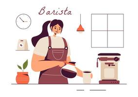 Barista Vector Illustration Wearing an Apron, Standing and Whipping Milk into a Coffee Mug for a Customer in a Flat Style Cartoon Background