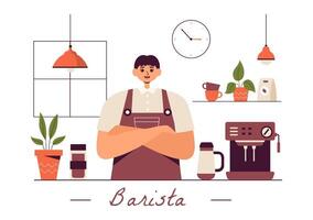 Barista Vector Illustration Wearing an Apron, Standing and Whipping Milk into a Coffee Mug for a Customer in a Flat Style Cartoon Background