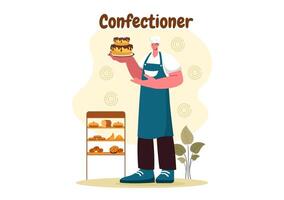 Confectioner Vector Illustration featuring a Chef Wearing an Apron Preparing Desserts, Sweet Products, and Pastries in a Flat Style Cartoon Background