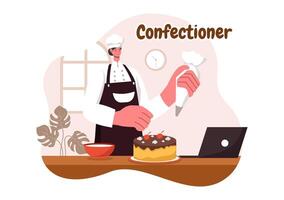 Confectioner Vector Illustration featuring a Chef Wearing an Apron Preparing Desserts, Sweet Products, and Pastries in a Flat Style Cartoon Background