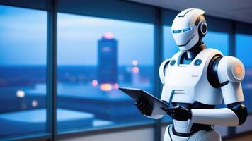 robot doctor in a hospital room with a tablet in his hands against the background of a window with multi-colored city lights. The concept of future technologies. photo