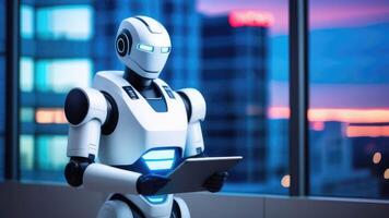 robot doctor in a hospital room with a tablet in his hands against the background of a window with multi-colored city lights. The concept of future technologies. photo