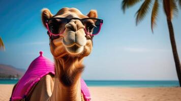 Camel in pink glasses and clothes on the beach against the backdrop of the sea and palm trees close-up.Vacation concept photo