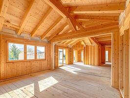 Interior of a house under construction with wooden beams photo