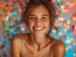 A stunningly joyful woman radiates happiness as she smiles and twirls in pure delight. Scene filled with shimmering confetti. photo
