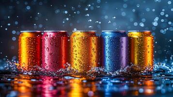 Soda cans glisten with droplets of liquid, their vibrant colors capturing the light in a dazzling display. photo