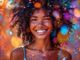 A stunningly joyful woman radiates happiness as she smiles and twirls in pure delight. Scene filled with shimmering confetti. photo