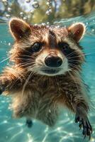 A mischievous raccoon frolicking underwater in a sun-dappled summer pool photo