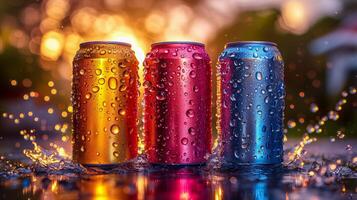 Soda cans glisten with droplets of liquid, their vibrant colors capturing the light in a dazzling display. photo