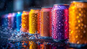 Soda cans glisten with droplets of liquid, their vibrant colors capturing the light in a dazzling display. photo