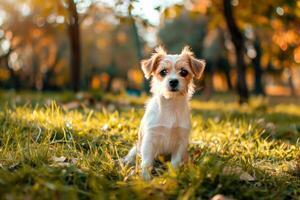 Cute small dog is playing in the park photo