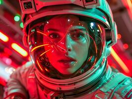 Girl in a spacesuit in space photo