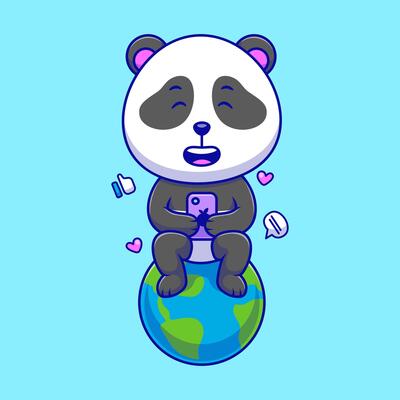 Panda Sitting On Earth While Playing With a Smartphone Cartoon Icon Illustration. Flat Cartoon Design.