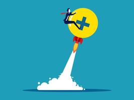 businessman flying on rocket with plus sign vector